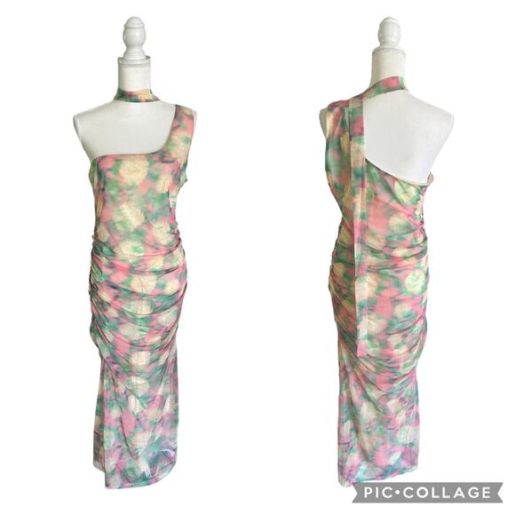 ASTR the Label Abstract Print Asymmetric Midi Green Pink Ruched Dress Size XL - Picture 1 of 15